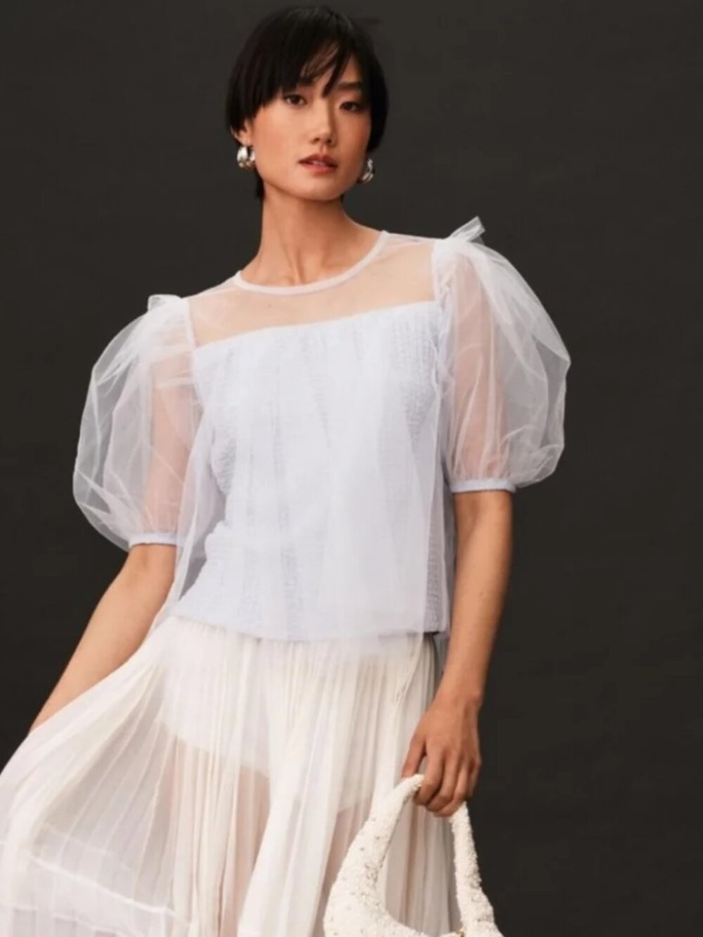 Anthropologie Blue Tulle Puff Sleeve Blouse M Smocked NWOT
